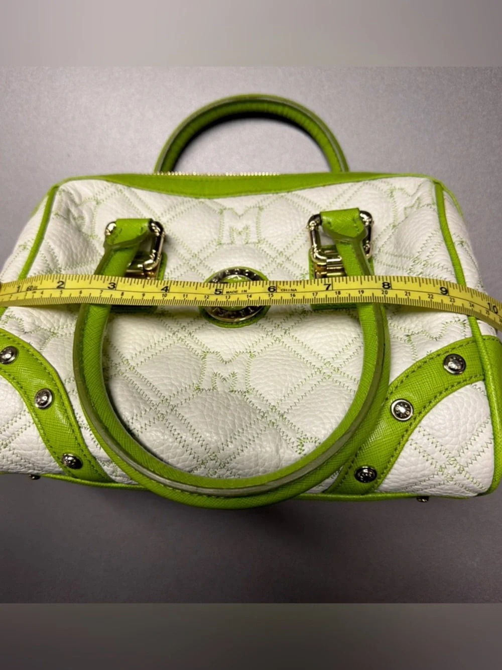 Metrocity Italy White‎ Lime Green Quilted Leather Satchel Handbag Gold Hardware